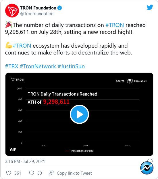 Screenshot 2021 07 29 at 20 18 16 Tron TRX Transaction Count Prints New Record Possible Reasons 264x300 - دلایل احتمالی رشد بی سابقه تراکنش های ترون