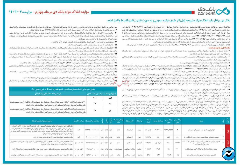 چهارمین مرحله مزایده بانک دی برگزار می شود/23 مهر ماه ساعت 17