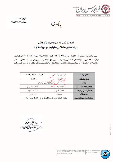 تغییر پارامترهای بازارگردانی دو نماد فرابورسی