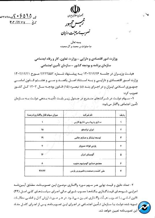انتقال بخشی از سهام ۷ شرکت دولتی به تامین اجتماعی/ بخشی از سهام دولت در هلدینگ پتروشیمی خلیج فارس و شرکت توسعه نیشکر به «تامین اجتماعی» منتقل شد